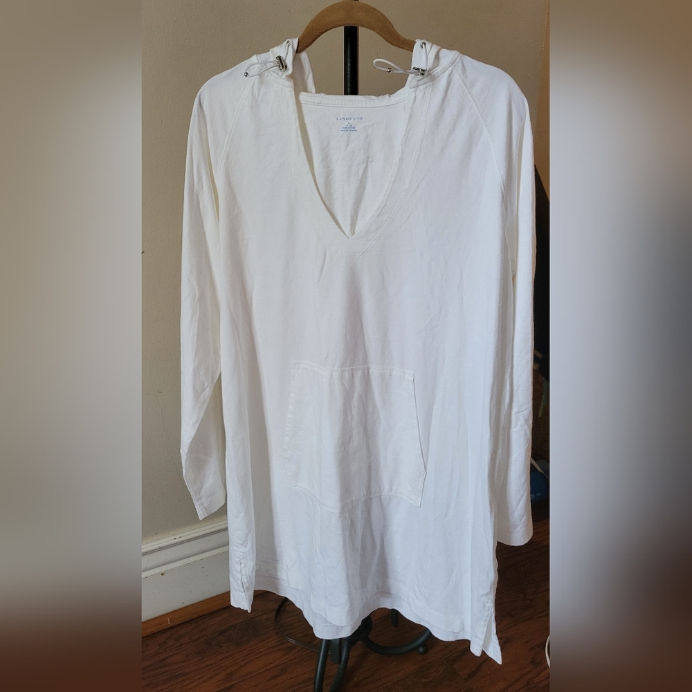 Lands' End Women's Swim Cover-up V-Neck hooded T-shirt Cotton Size Large